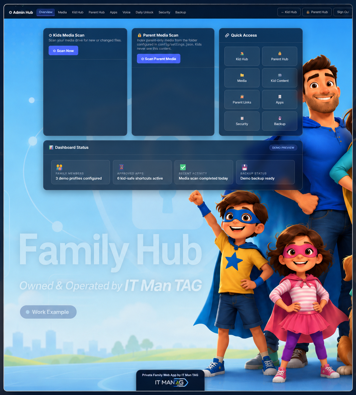 Generic Family Hub admin dashboard work example demo