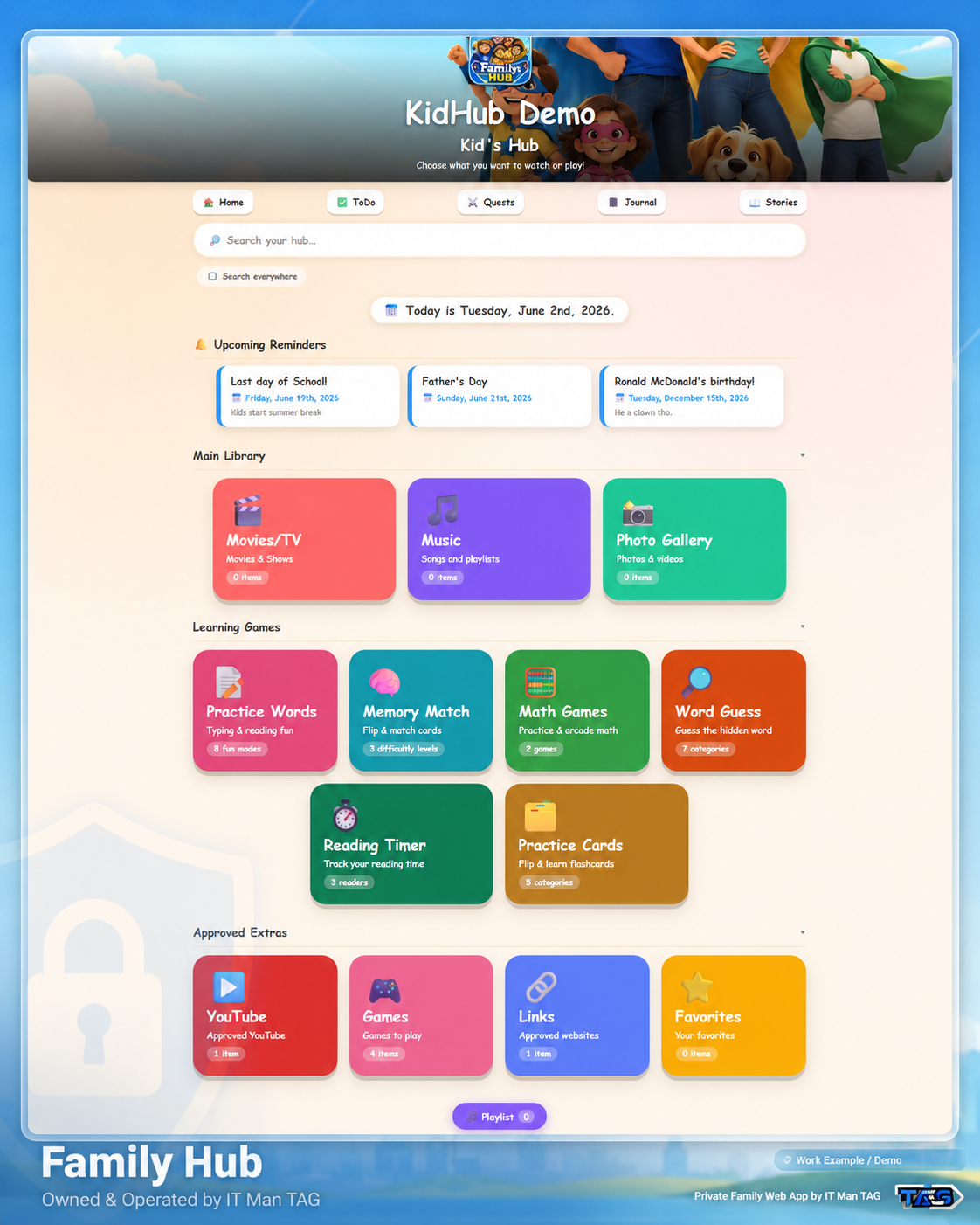 Generic Family Hub kids hub work example demo