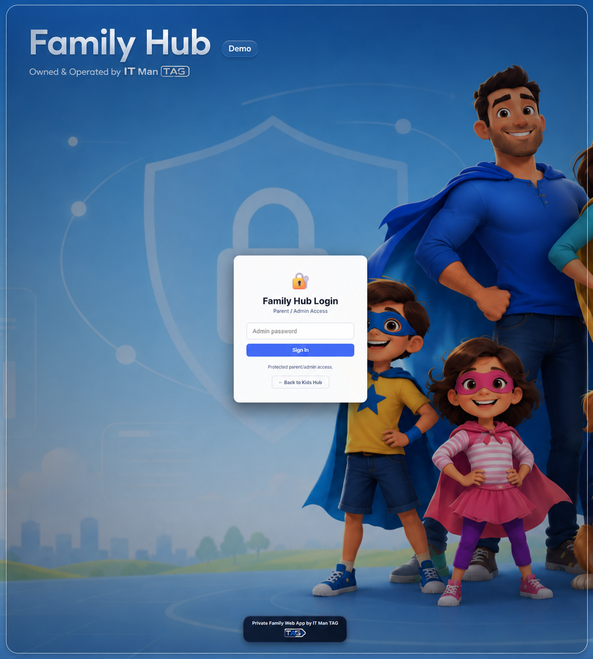 Generic Family Hub parent login and admin lock page work example demo
