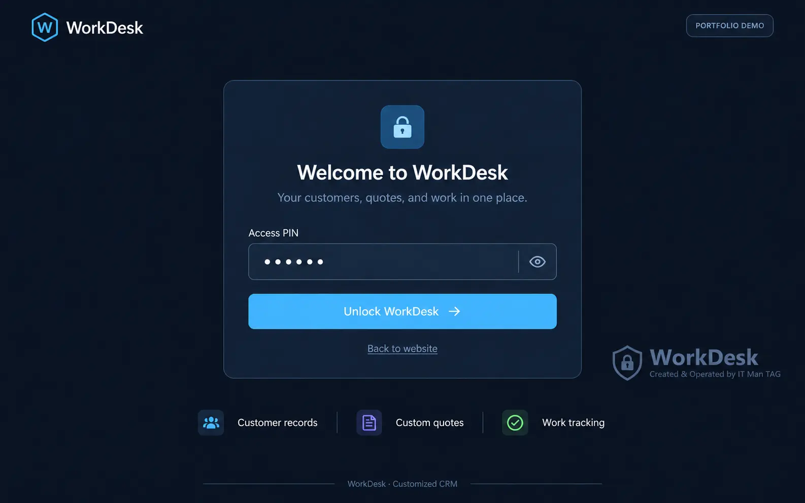 Private login — illustrative WorkDesk portfolio mockup